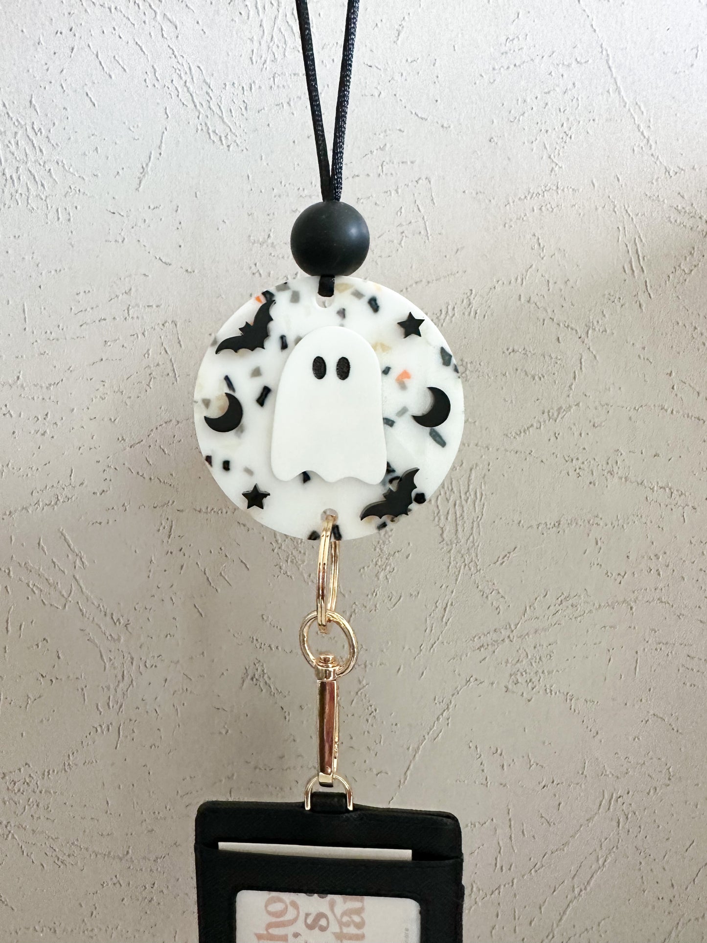 terrazzo ghost, bat, moon + star lanyard