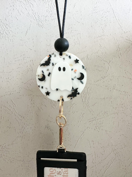 terrazzo ghost, bat, moon + star lanyard