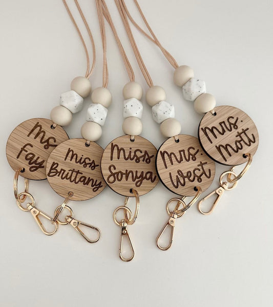 engraved wooden personalized lanyard (ivory + speckled hexagon colored beads)