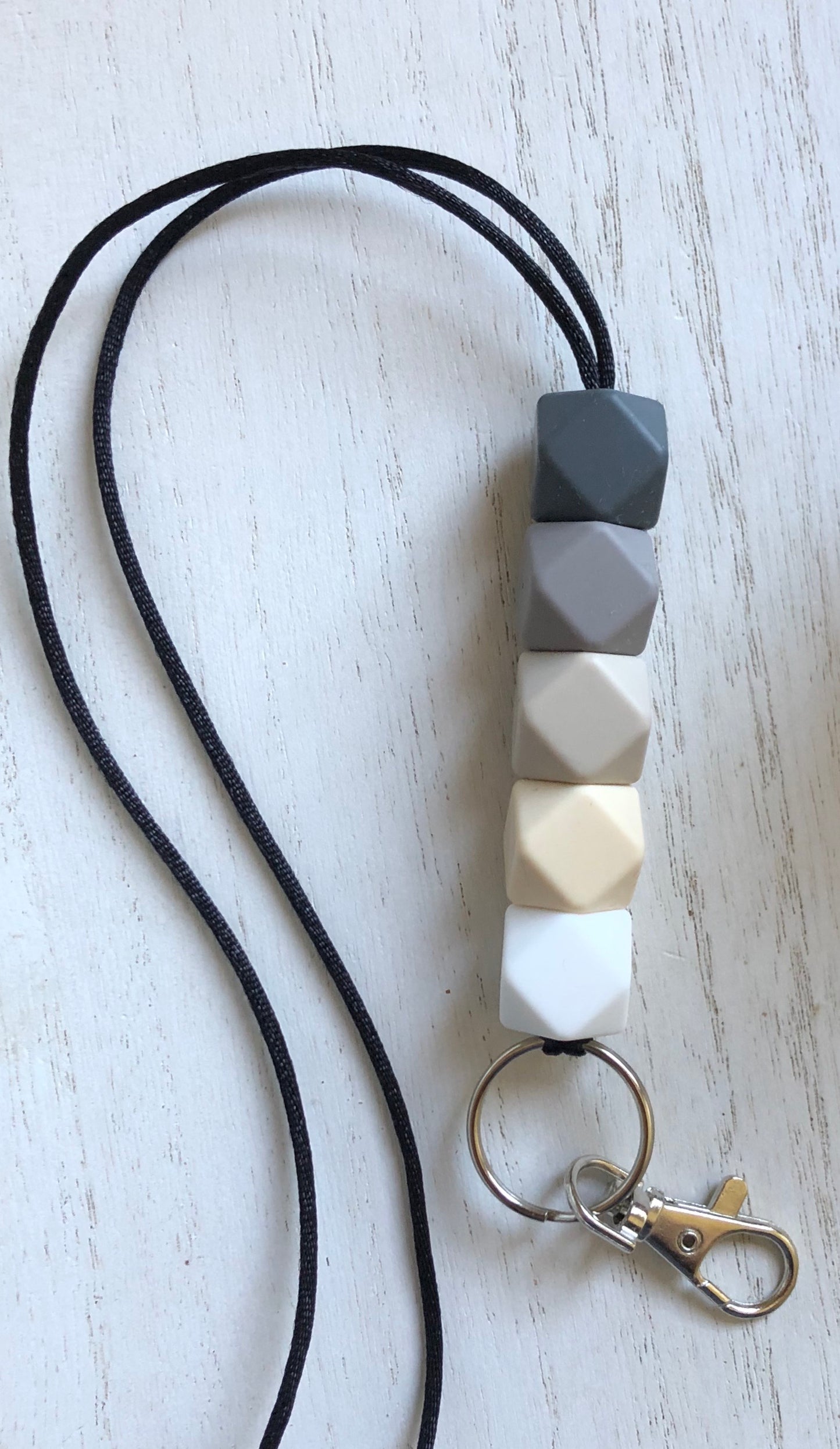 charcoal, taupe, oatmeal, beige + white lanyard