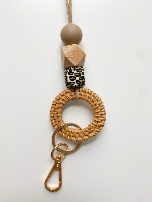 mocha, wood + leopard rattan teacher lanyard