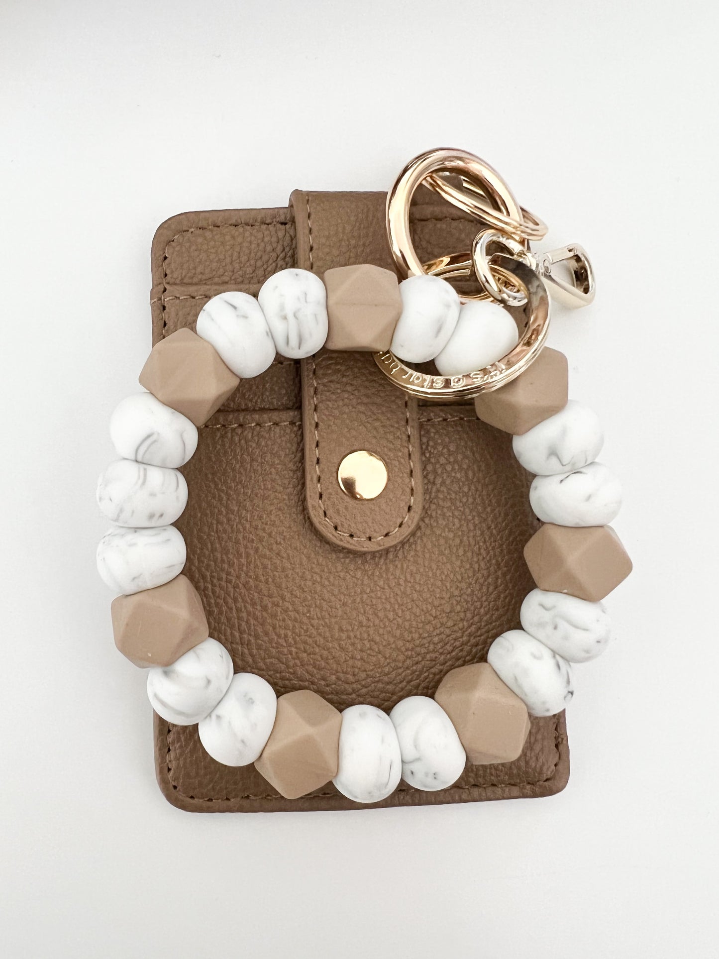 marble white + brown bracelet keychain with brown card holder