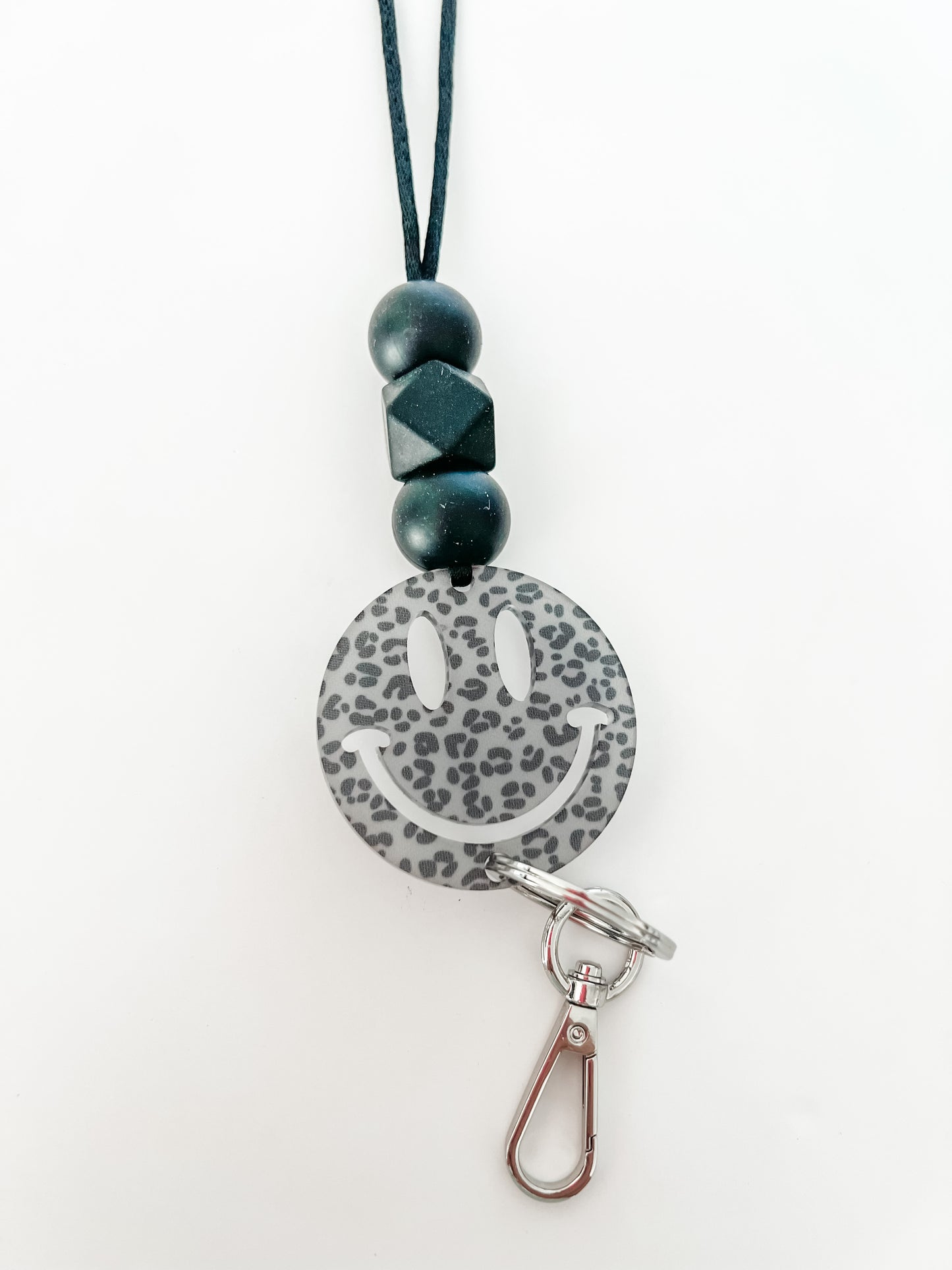 black & grey leopard acrylic lanyard // personalized OR smiley
