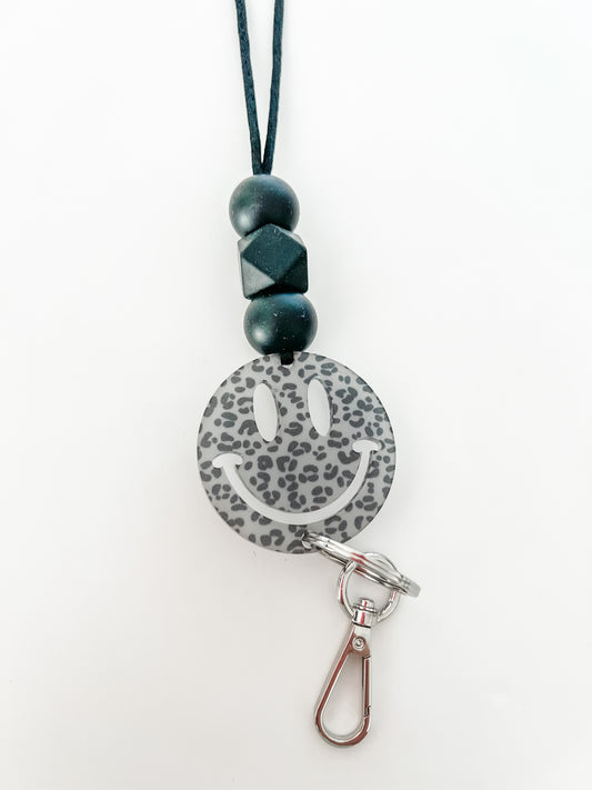 black & grey leopard acrylic lanyard // personalized OR smiley