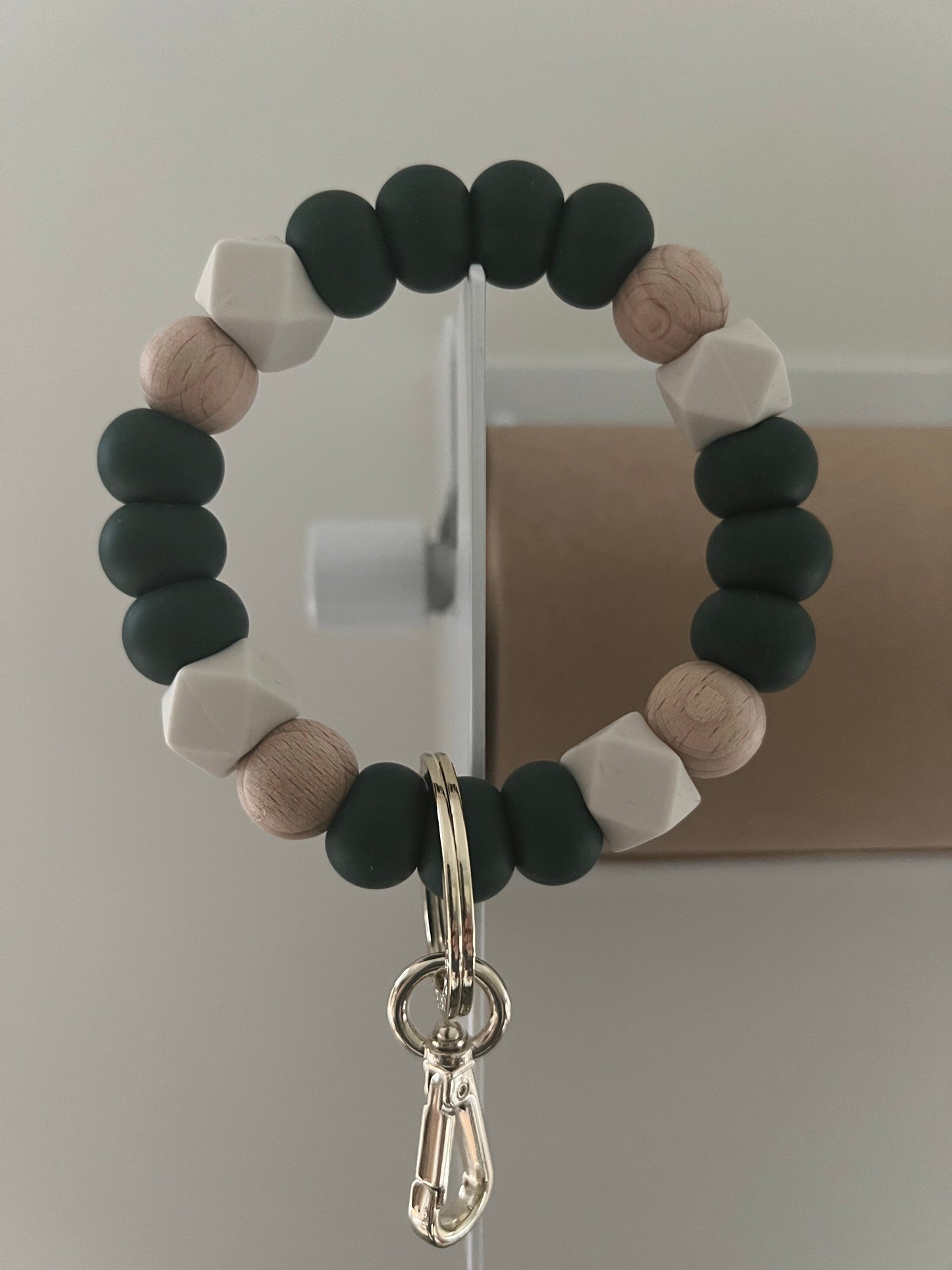 hunter green, wood and ivory hex bracelet keychain