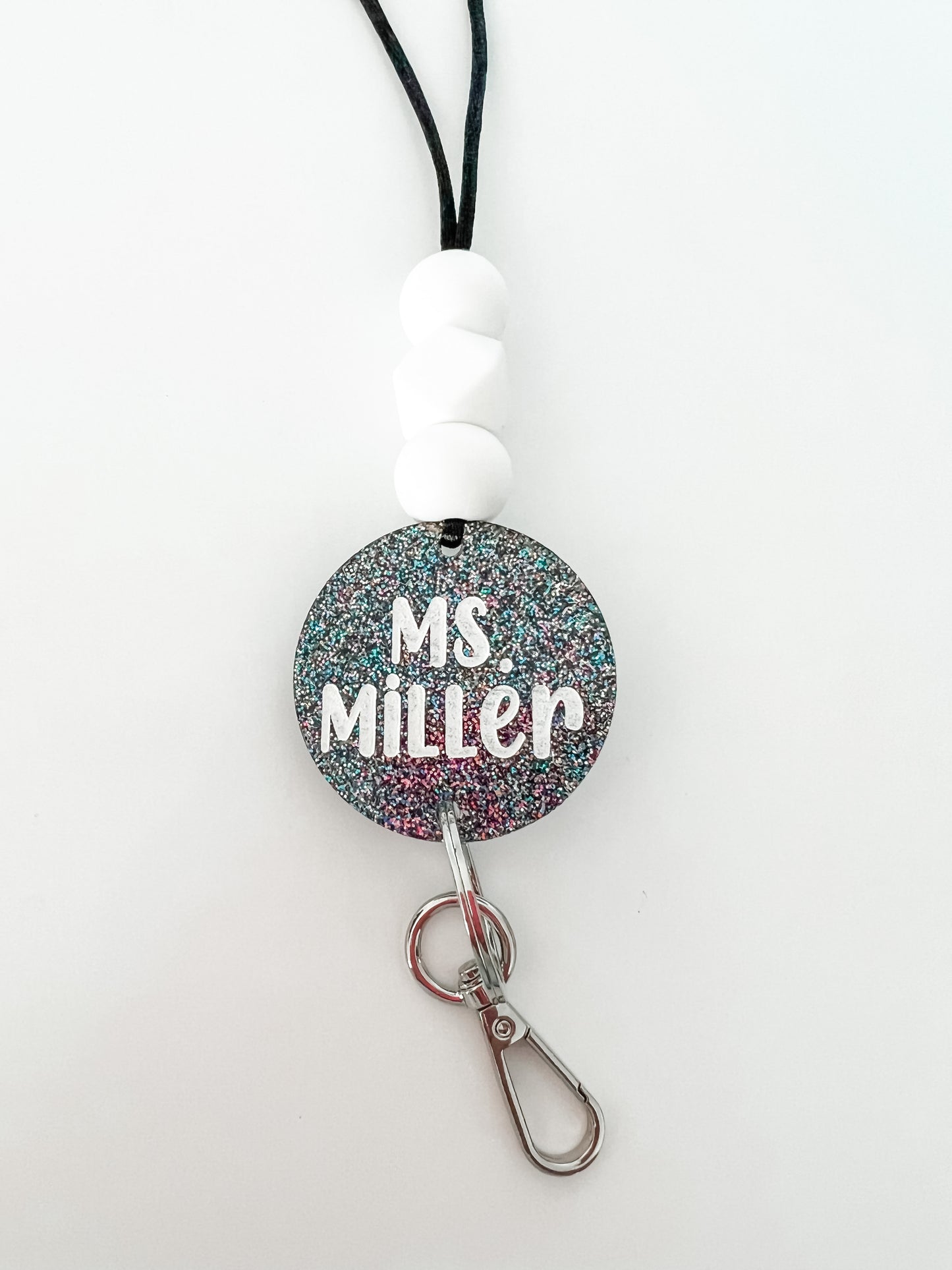 black glitter acrylic lanyard // personalized OR smiley