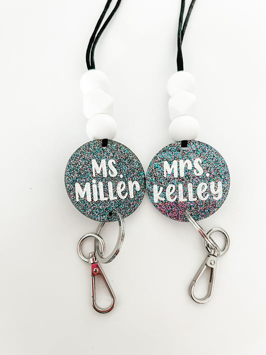 black glitter acrylic lanyard // personalized OR smiley