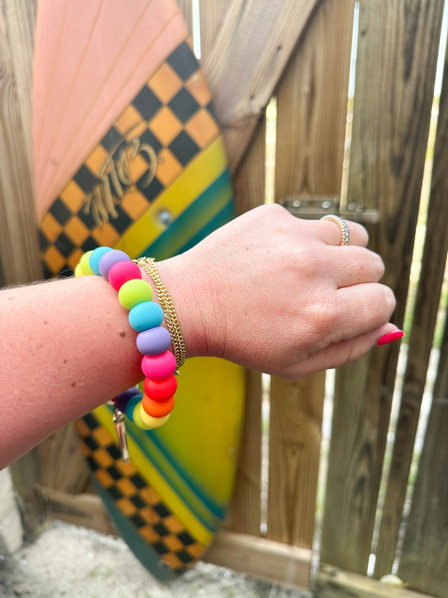 spring break neon rainbow bracelet keychain