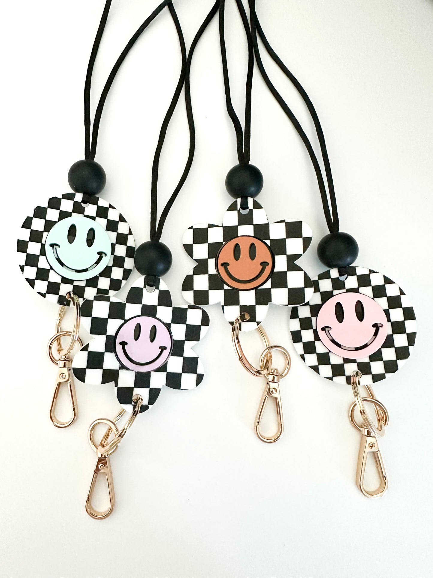 flower power + checkered smiley lanyard