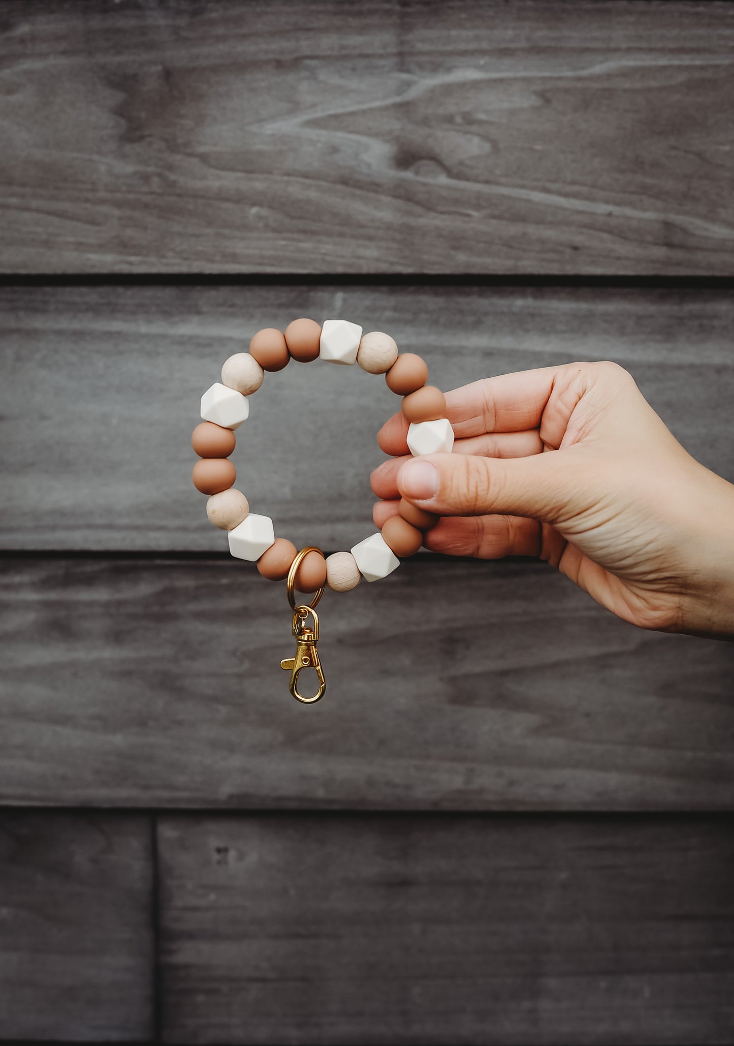 caramel brown, wood + ivory hex bracelet keychain