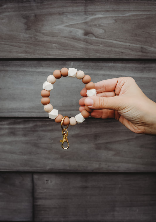 caramel brown, wood + ivory hex bracelet keychain