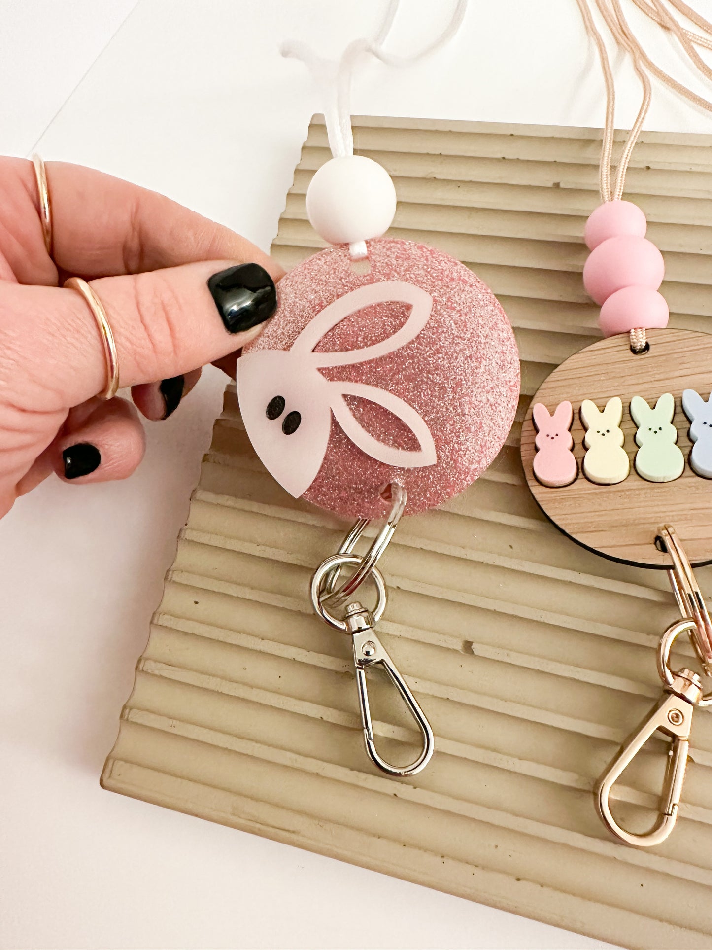 white bunny + sparkly pink lanyard