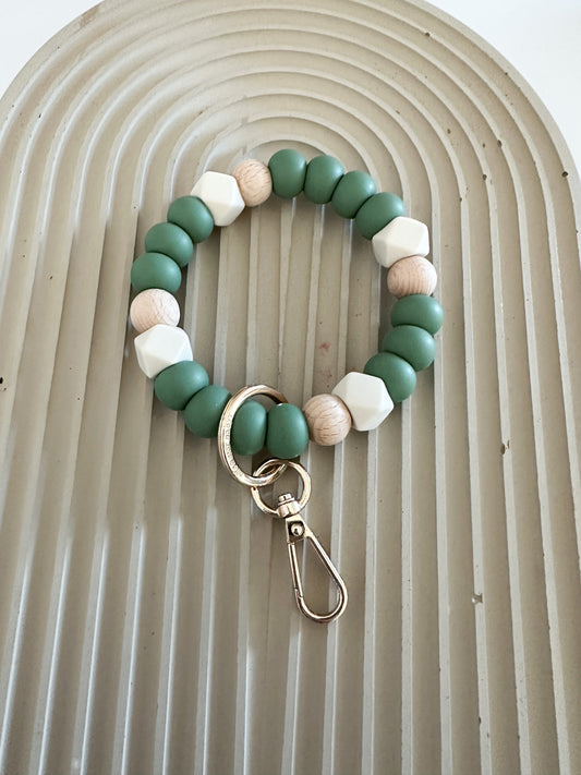 muted clover green, wood & ivory hex bracelet keychain
