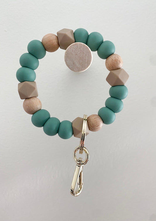 boho dim pine, ivory + wood bracelet keychain