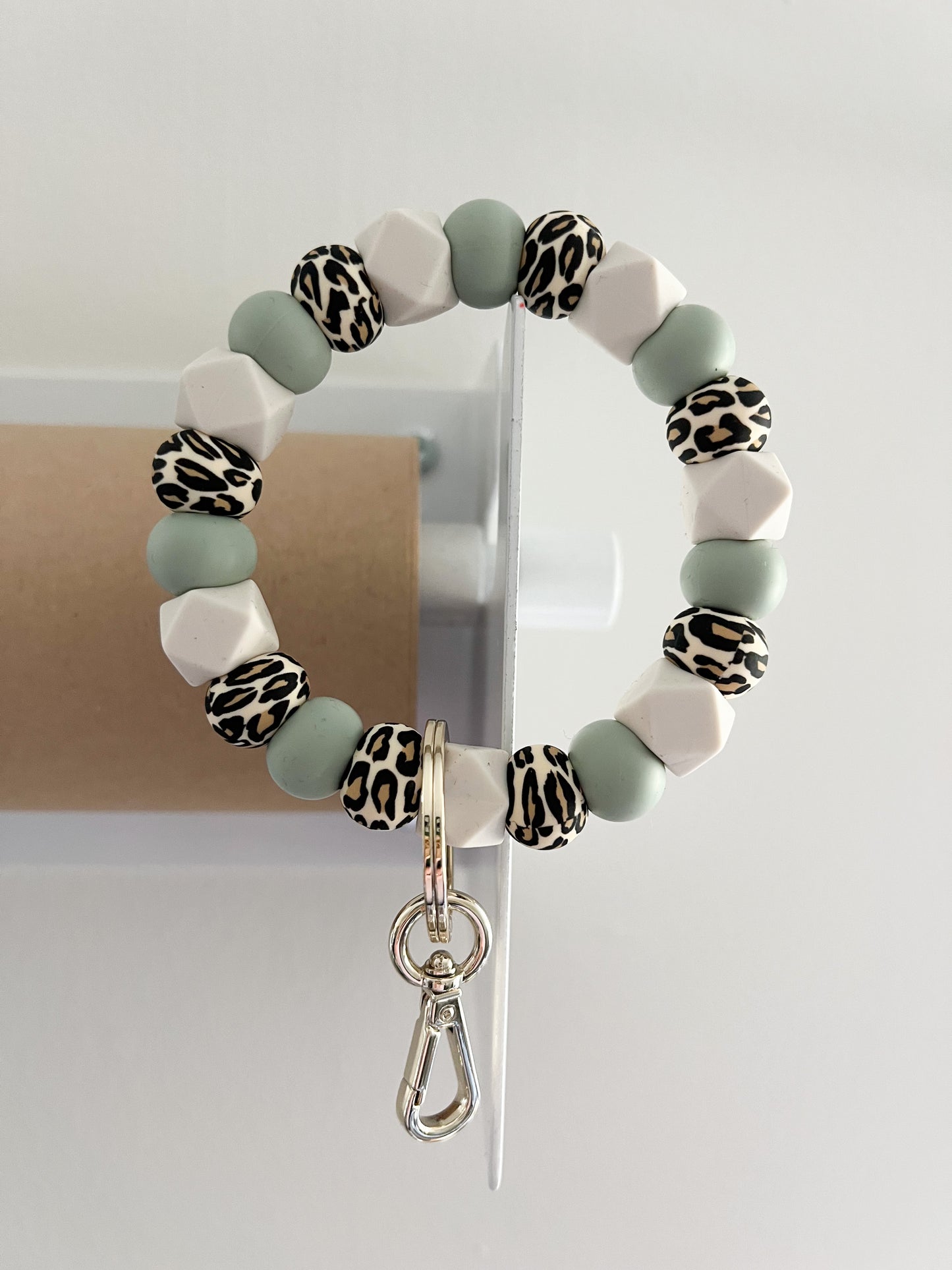 leopard, sage and ivory hexagon bracelet keychain