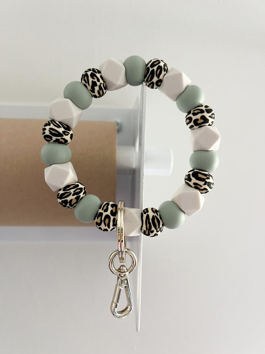 leopard, sage and ivory hexagon bracelet keychain
