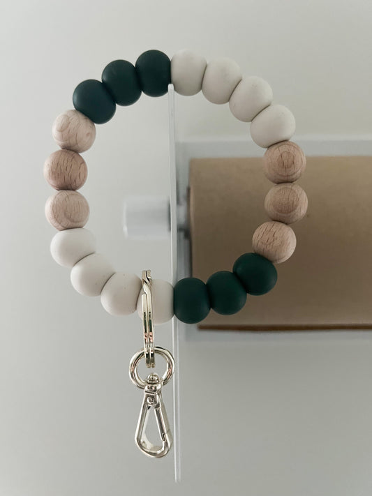 forest green, wood + ivory bracelet keychain