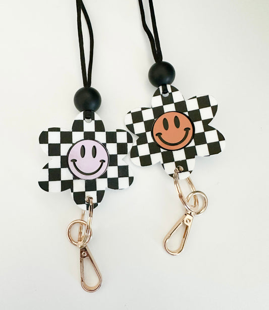 flower power + checkered smiley lanyard