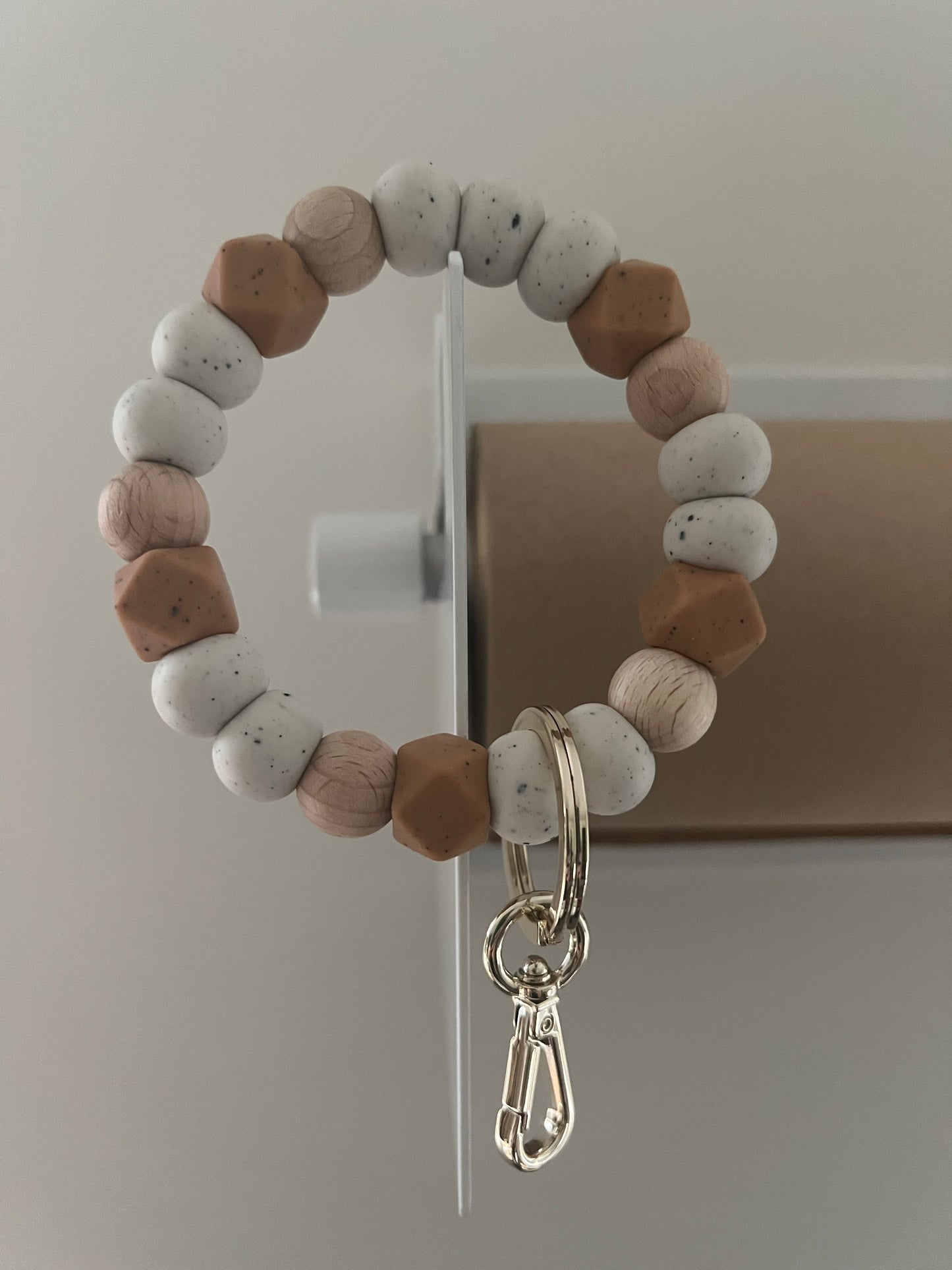 ivory, wood and caramel brown hex bracelet keychain