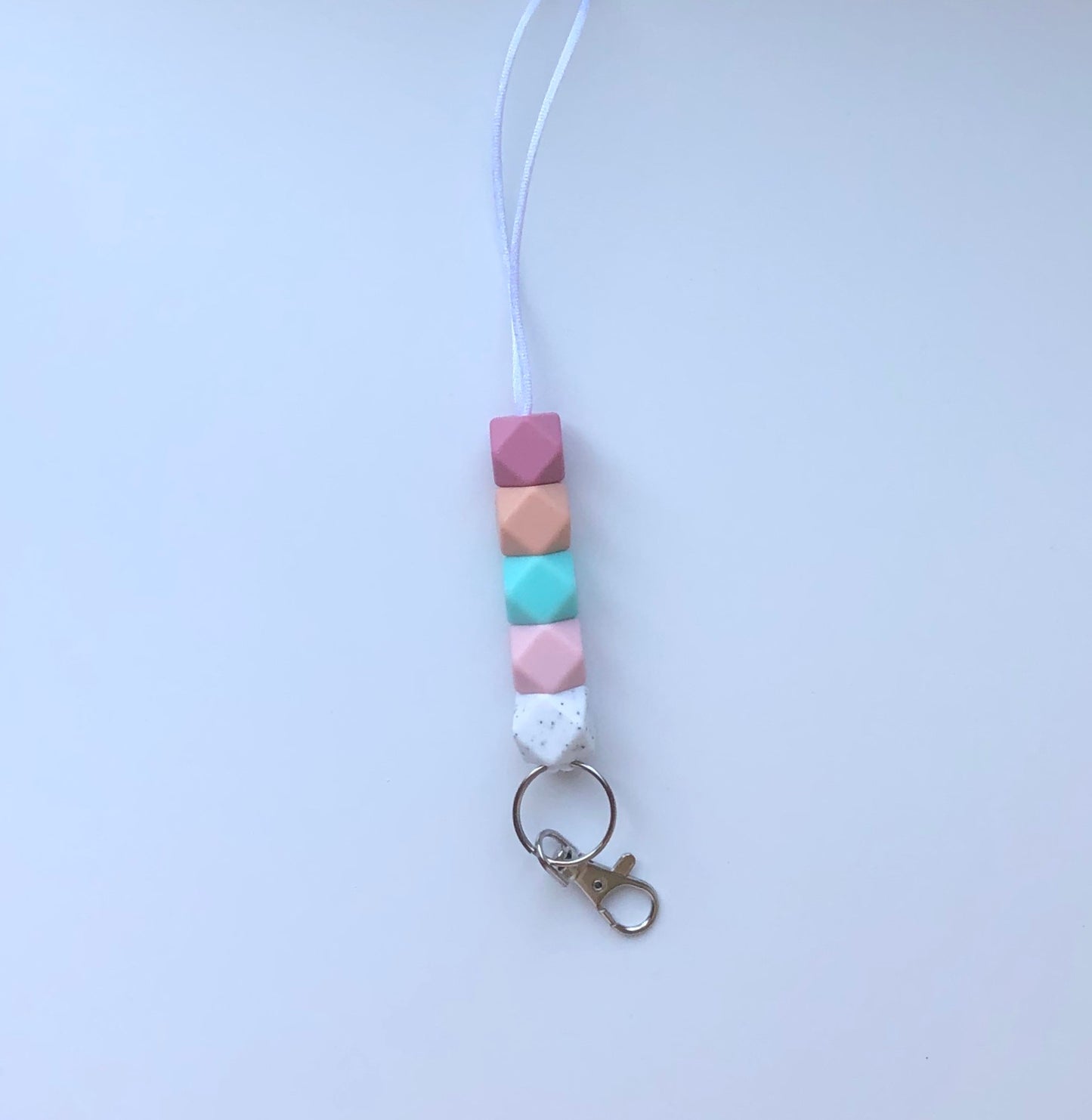 dusty rose, peach, blue, ballet pink + white speckled teacher lanyard