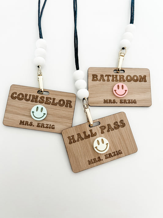 Set of 3 smiley hall passes with mini lanyards