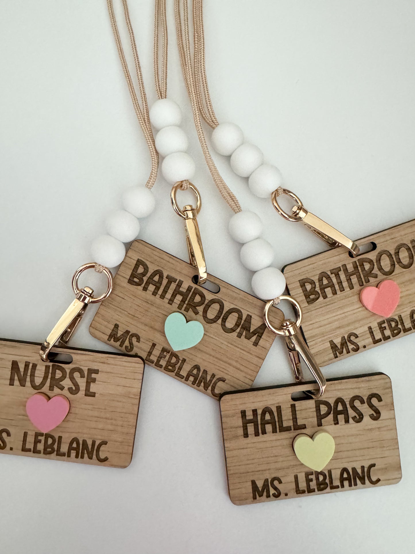 Set of 3 pastel heart hall passes with mini lanyards