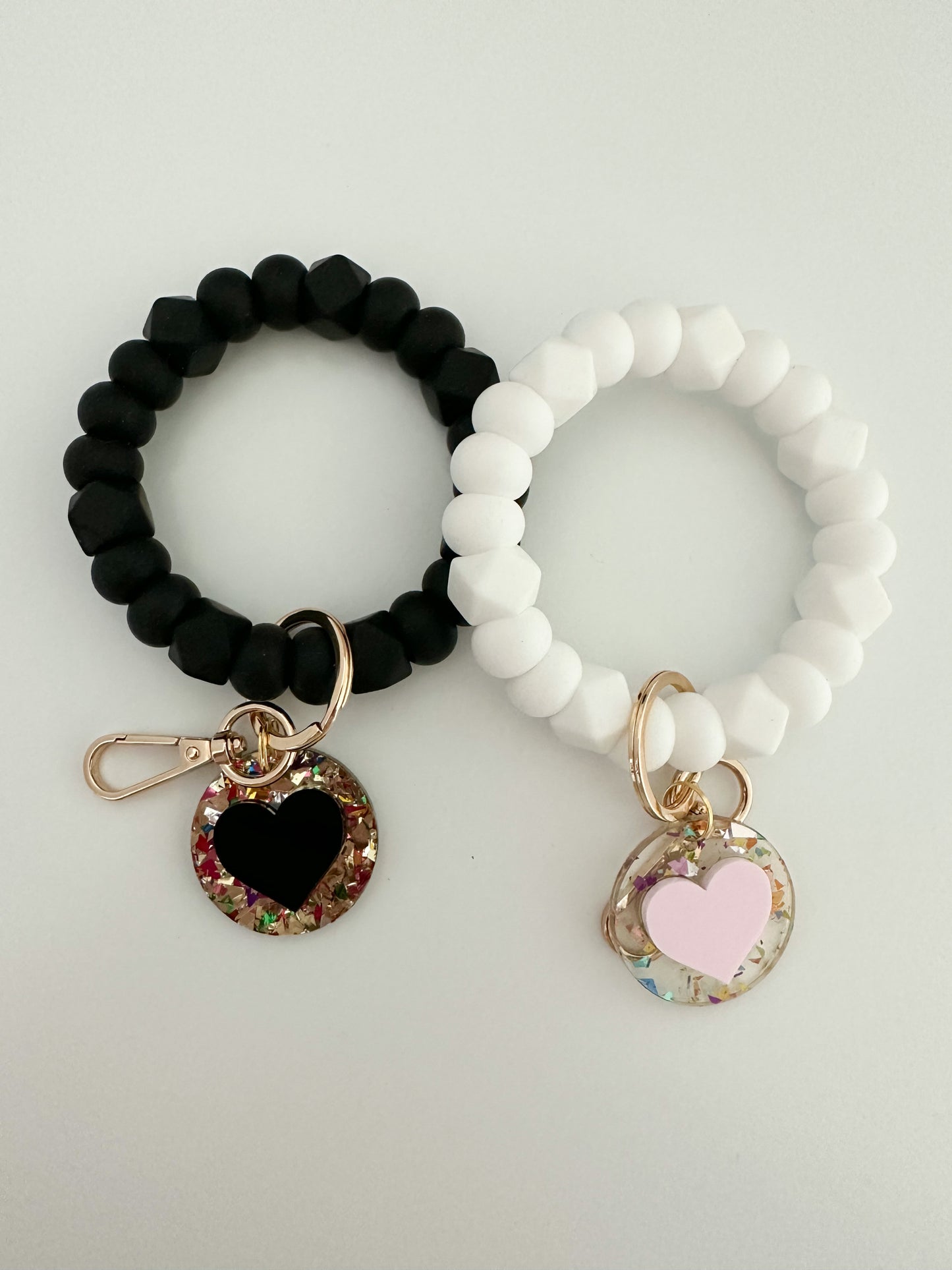 white and black with heart charm bundle / bracelet keychains