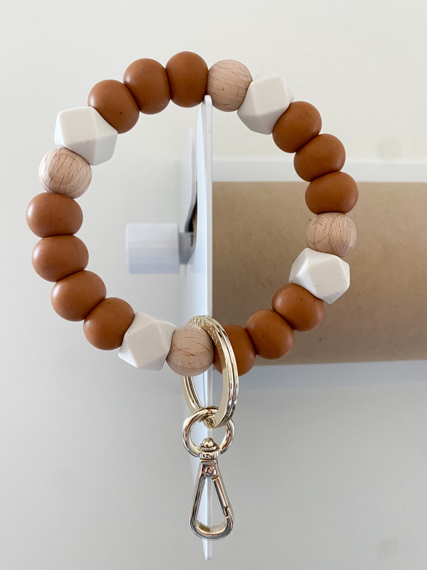 speckled camel, wood + ivory hex bracelet keychain