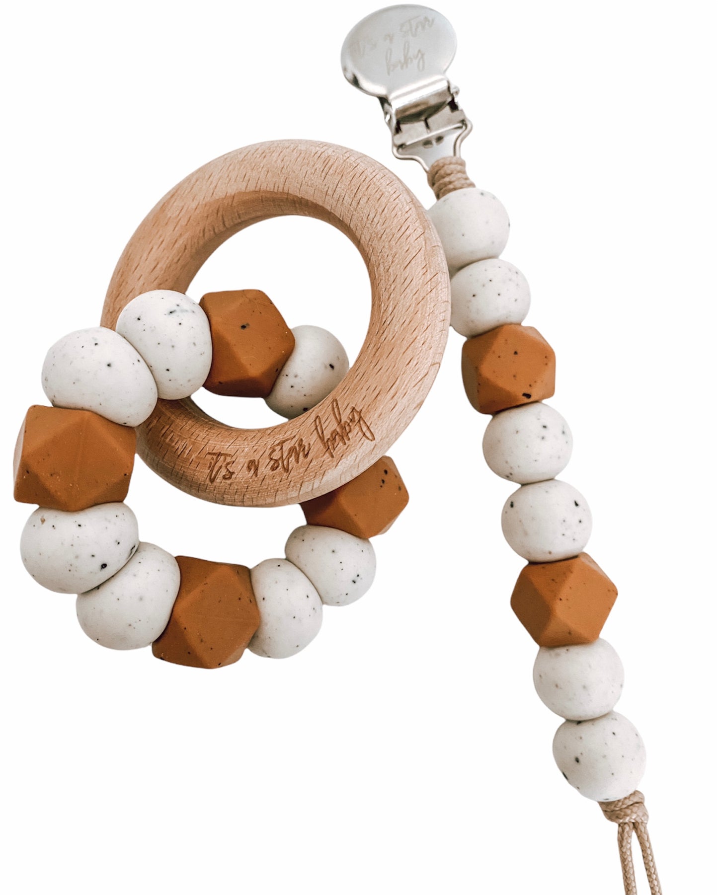 ivory speckles + camel hex paci clip + teether (combo or separately aold)