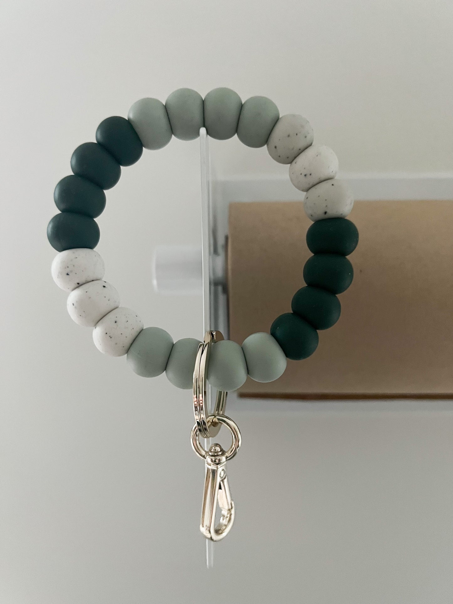 hunter green, sage and speckled ivory bracelet keychain