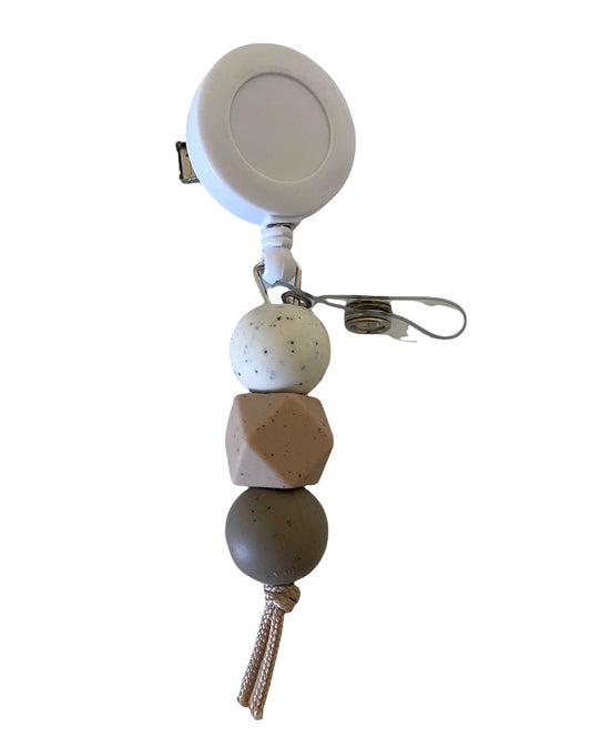 speckled ivory, speckled oat hex + speckled taupe retractable badge reel