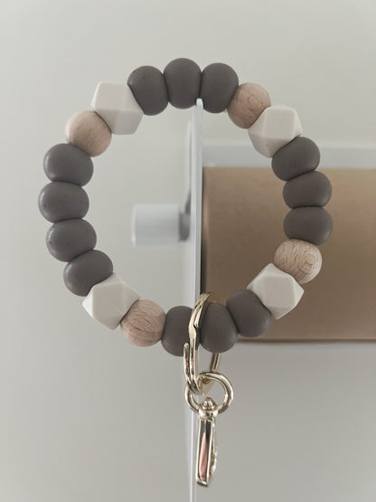 speckled taupe, wood + ivory hex bracelet keychain