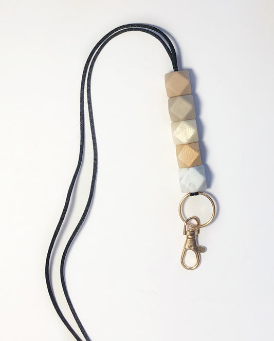 lanyard // oatmeal, river stone, metallic beige, wood + white marble