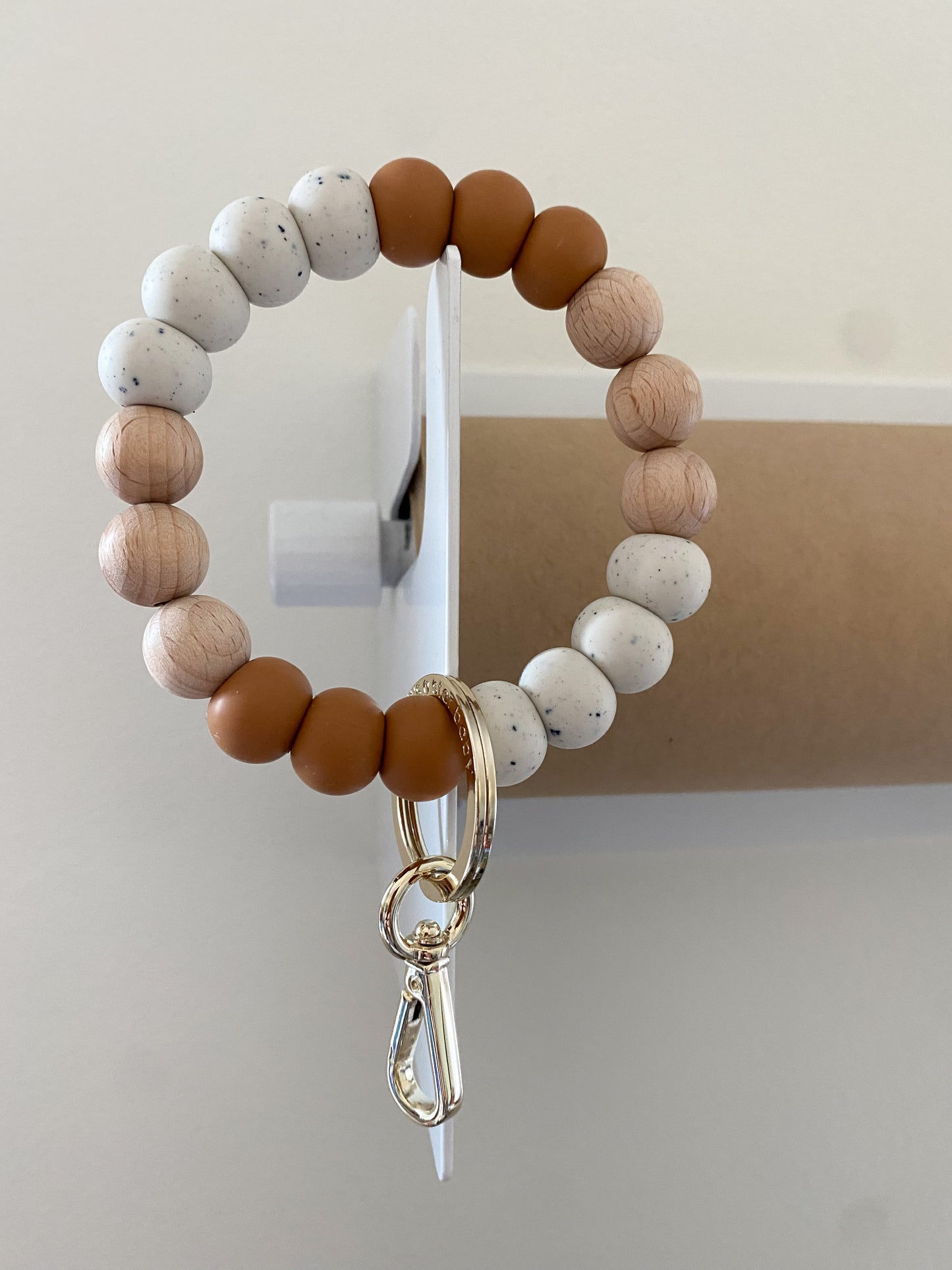 camel, speckled ivory + wood bracelet keychain (Jill's favorite)