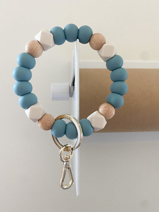 muted ocean blue, wood + ivory hex bracelet keychain