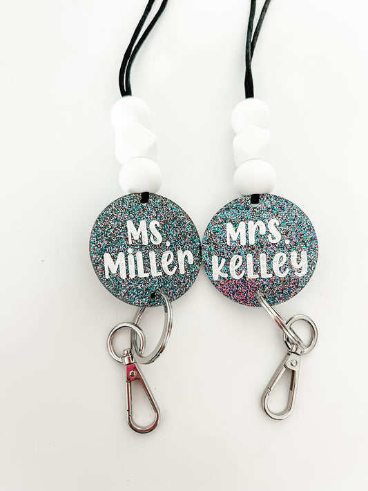 black glitter acrylic lanyard // personalized OR smiley