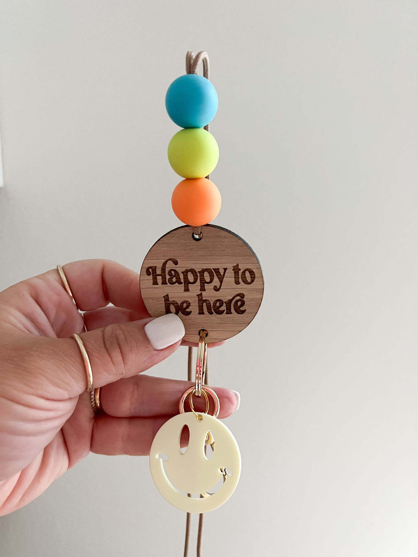 good life // happy to be here wooden lanyard with yellow smiley