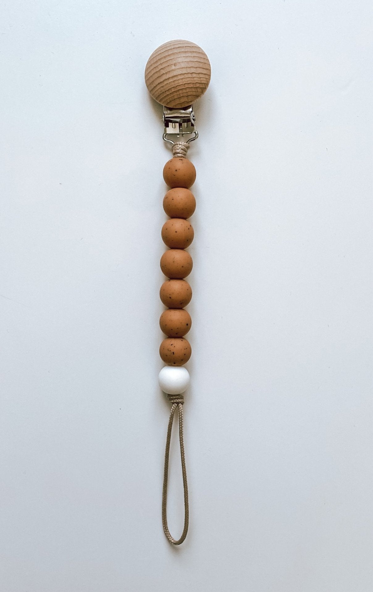 muted camel + white // pacifier clip