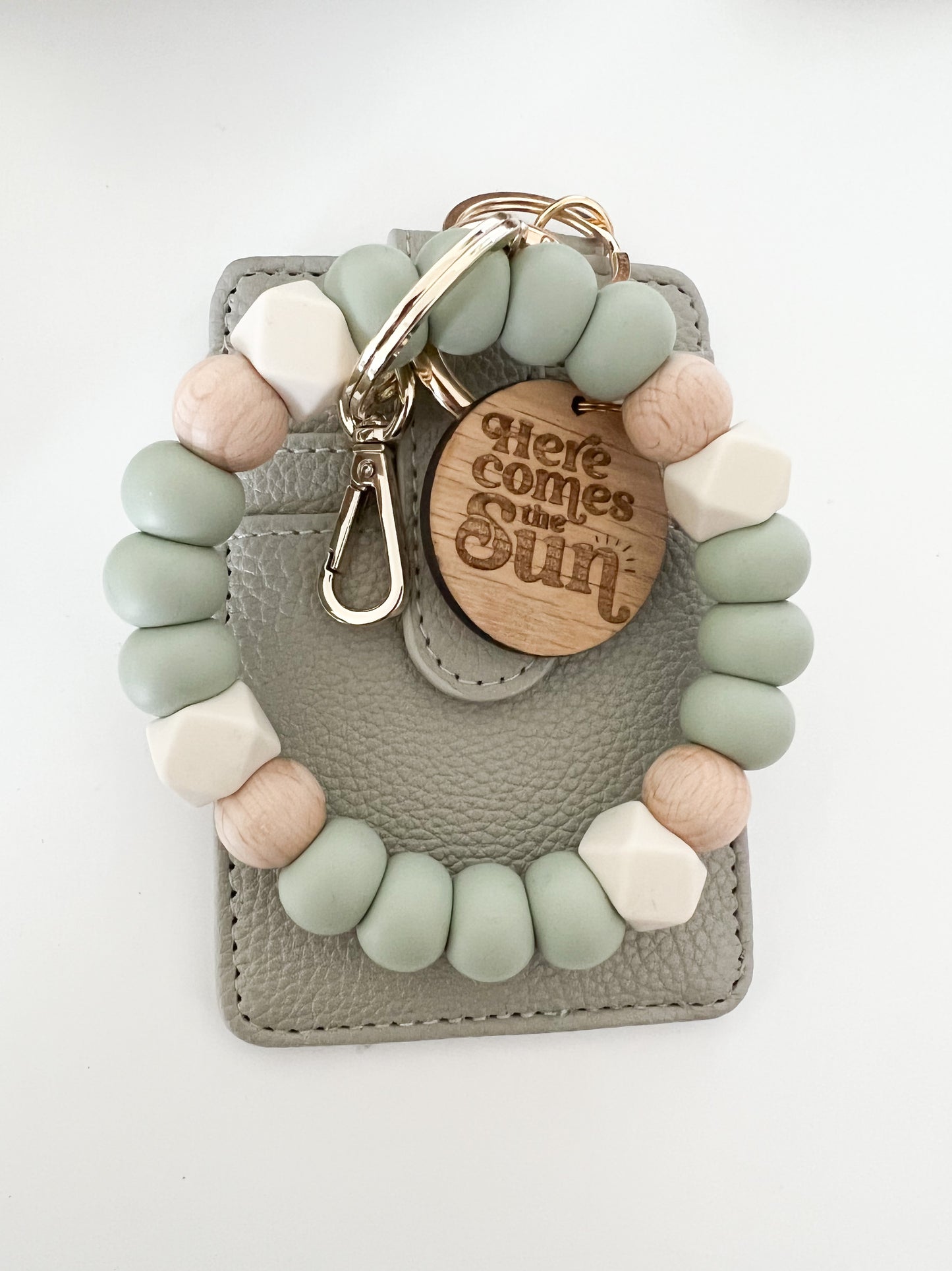 sage + ivory bracelet keychain with creamy grey card holder