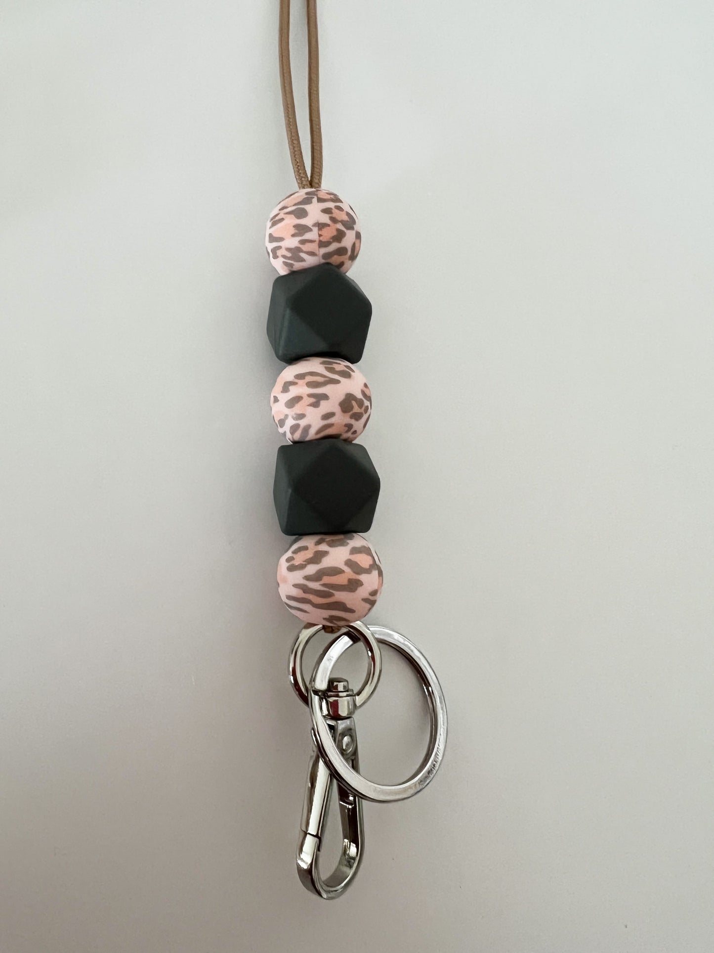 peachy pink leopard & charcoal lanyard