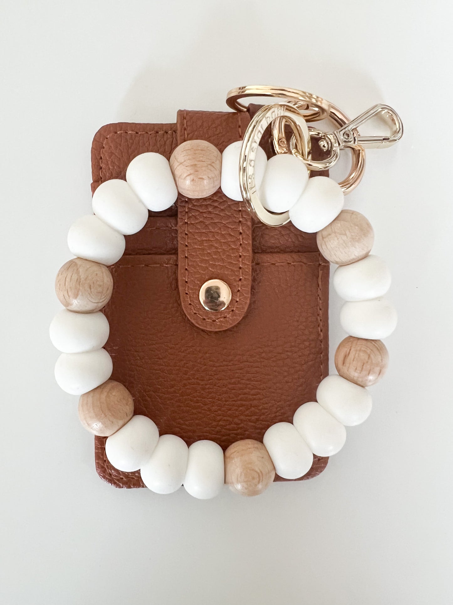 bracelet keychain bundle—  white + beech wood bracelet keychain with a tan card holder (XL size bracelet keychain)