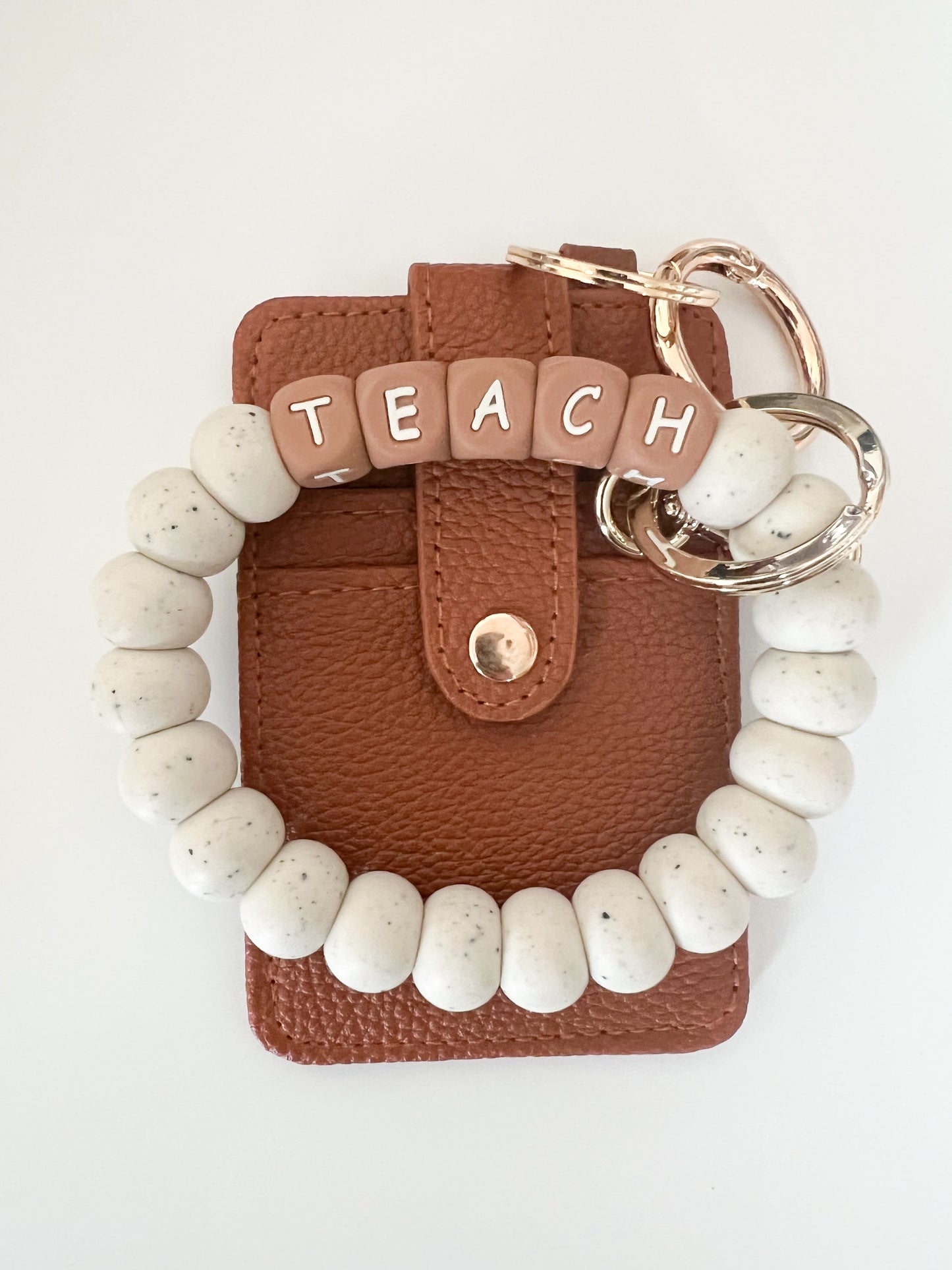 bracelet keychain bundle— TEACH + speckled ivory with a tan card holder