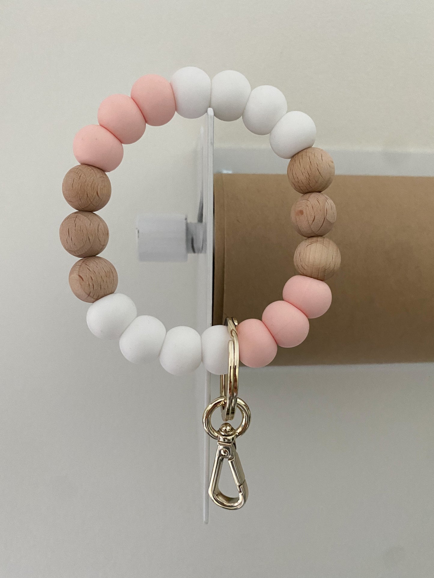 bright blush, wood + white bracelet keychain