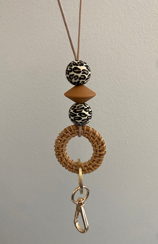 leopard + camel rattan lanyard