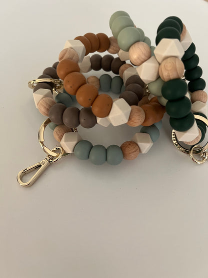 speckled taupe, wood + ivory hex bracelet keychain