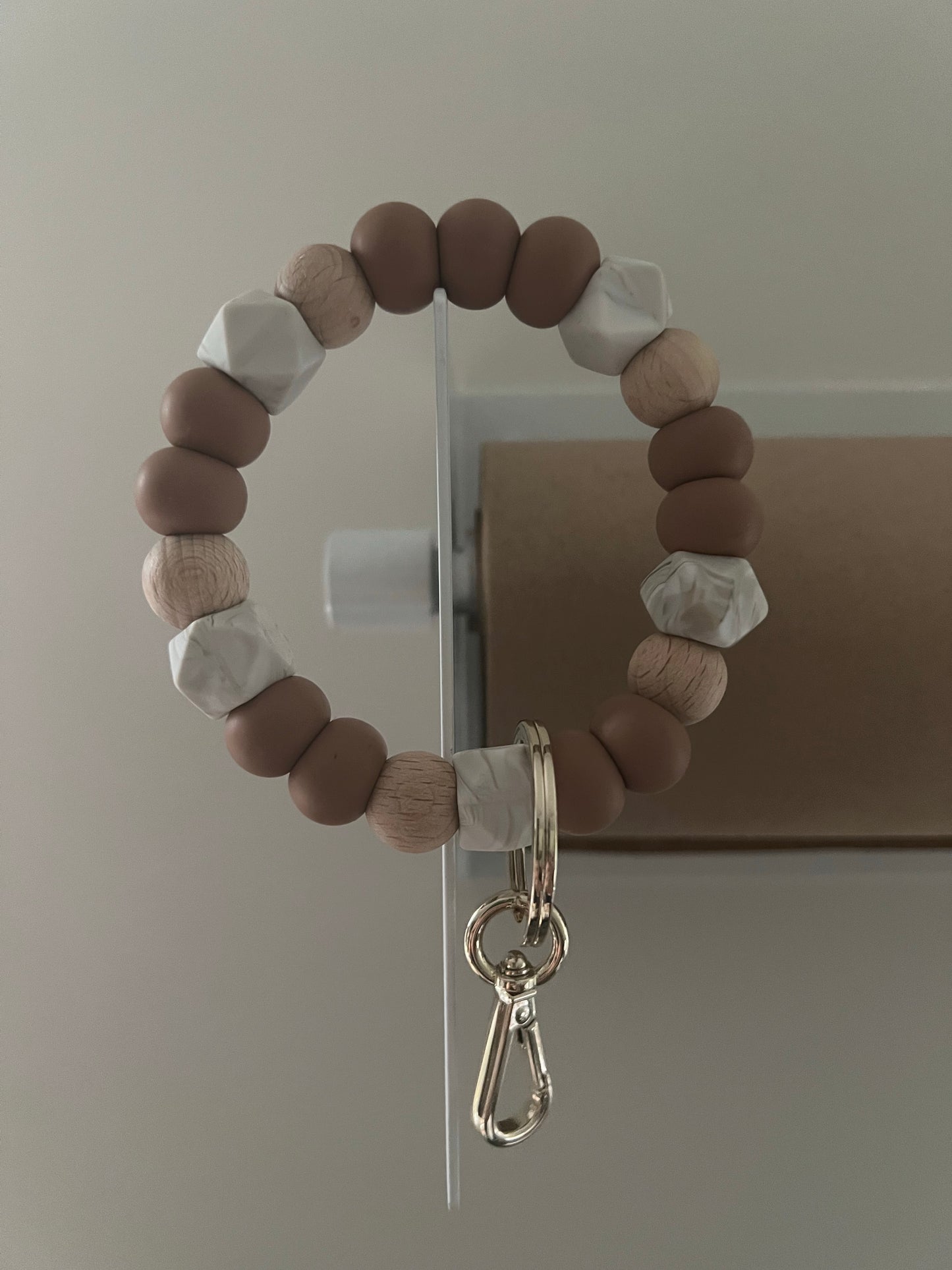 caramel brown, wood and caramel marble bracelet keychain