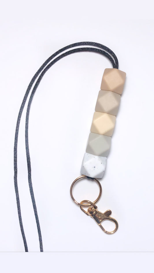oatmeal, sandstone, beige, riverstone + speckled white lanyard