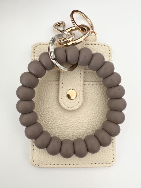 taupe speckled bracelet keychain with ivory card holder