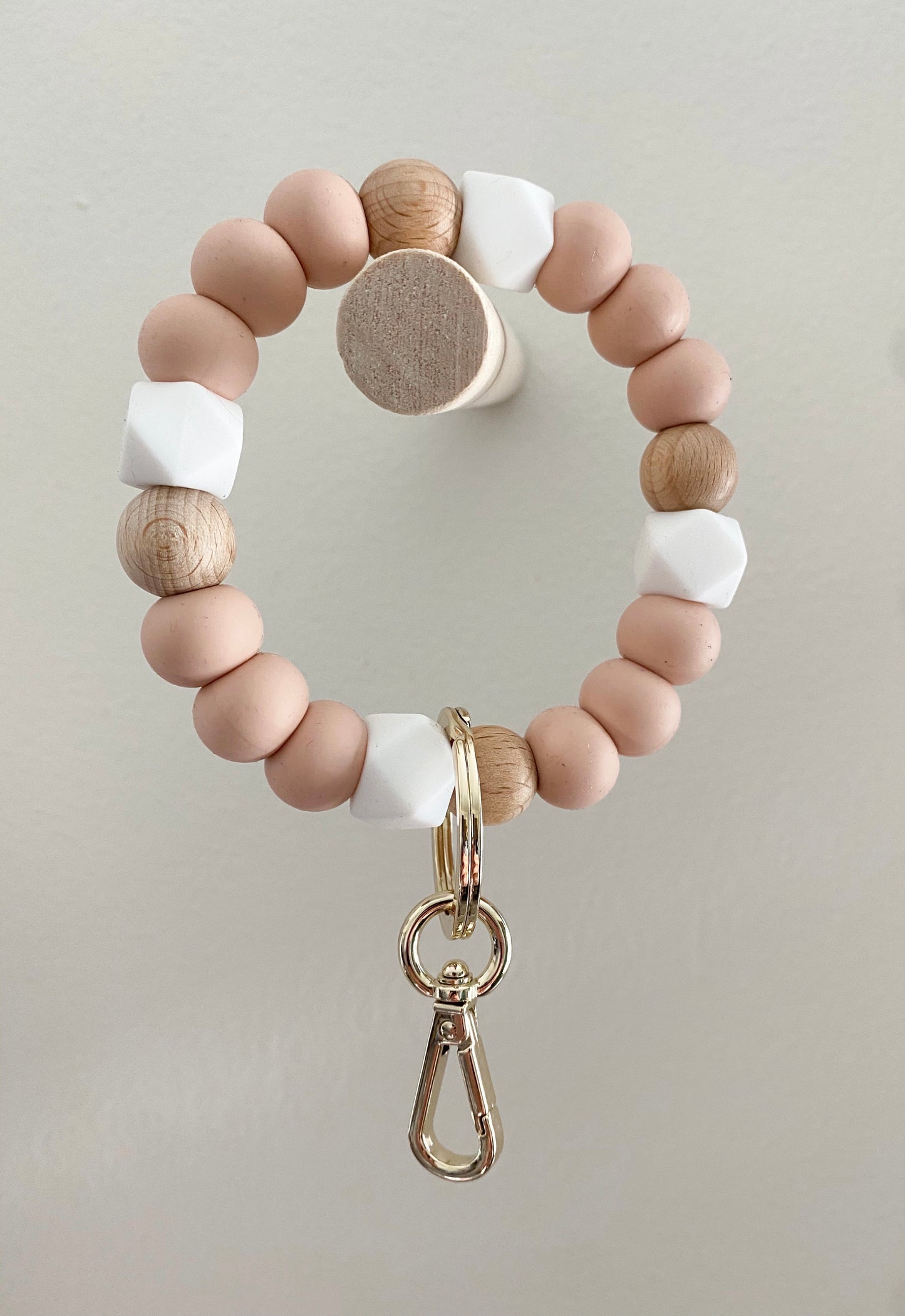 blush, white + wood bracelet keychain