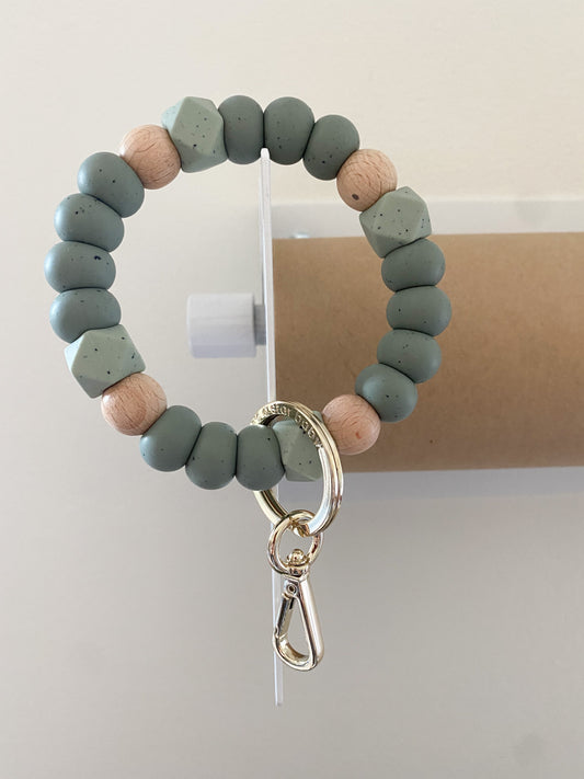 speckled deep sage, wood + light speckled sage hex bracelet keychain